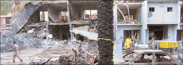 The powerful blast ripped an avenue of destruction between 200 villas in the compound in Riyadh, Saudi Arabia.